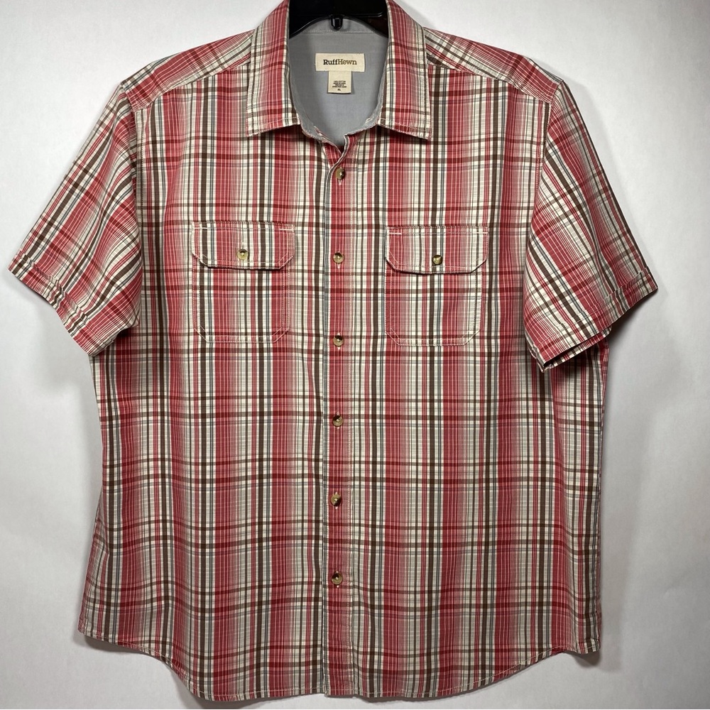 Ruff Hewn Plaid Shirt Button Up Short Sleeve Snap Pocket Red Brown Western XL